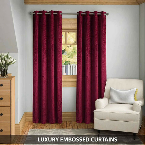 Pair Of Embossed Velvet Eyelet Curtain- Maroon Color