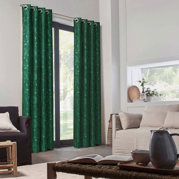 Pair Of Embossed Velvet Eyelet Curtain- Green Color