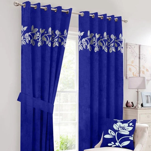 Pair of Decorative Floral Velvet Eyelet Curtains White On Blue With Tie Belts