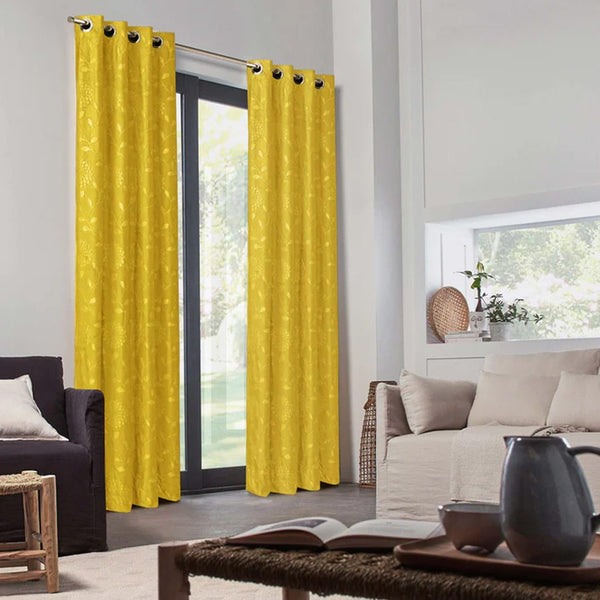 Pair Of Embossed Velvet Eyelet Curtain- Mustard Color