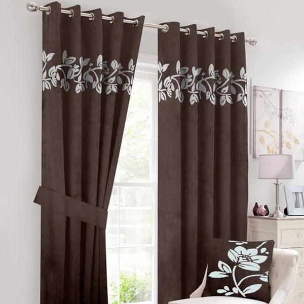 Pair of Decorative Floral Velvet Eyelet Curtains White On Brown With Tie Belts