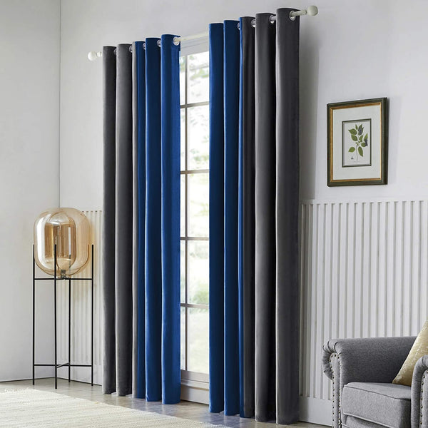 Pair Of Premium Velvet Eyelet Curtain-Blue & Grey