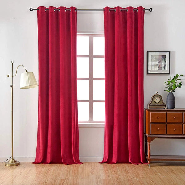 Pair Of Premium Velvet Eyelet Curtain- Red