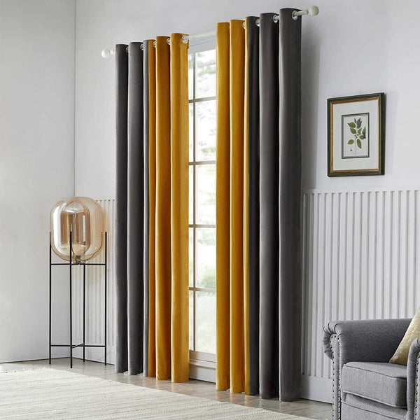 Pair Of Premium Velvet Eyelet Curtain- Mustard & Grey