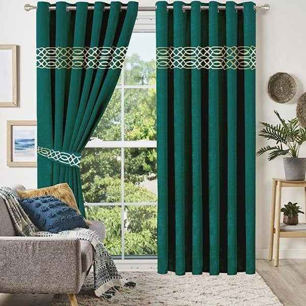 Pair of Crocodile Pattern Velvet Eyelet Curtains Golden On Green With Tie Belts