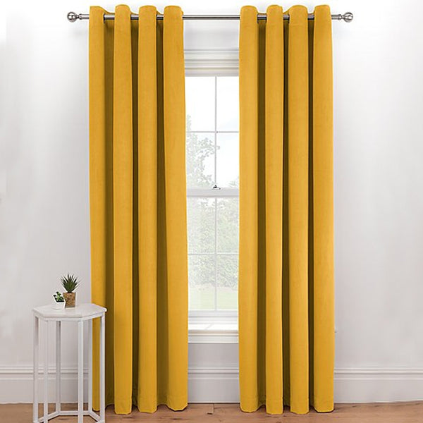 Pair Of Premium Velvet Eyelet Curtain- Mustard