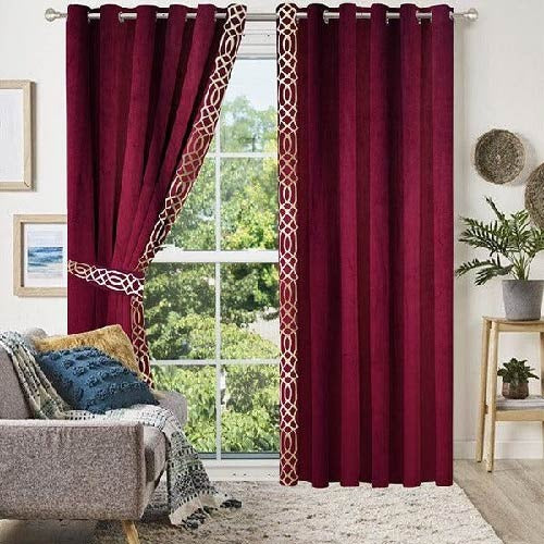 Pair of Crocodile Pattern Velvet Eyelet Curtains White On Maroon With Tie Belts