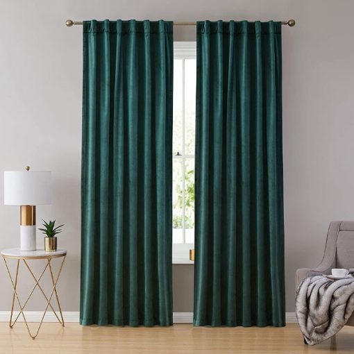 Pair Of Premium Velvet Eyelet Curtain- Green