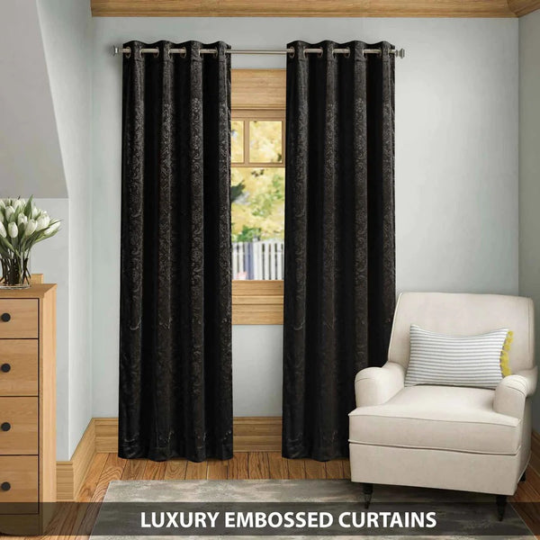 Pair Of Embossed Velvet Eyelet Curtain- Black Color