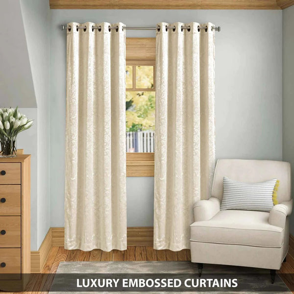 Pair Of Embossed Velvet Eyelet Curtain- Off White Color