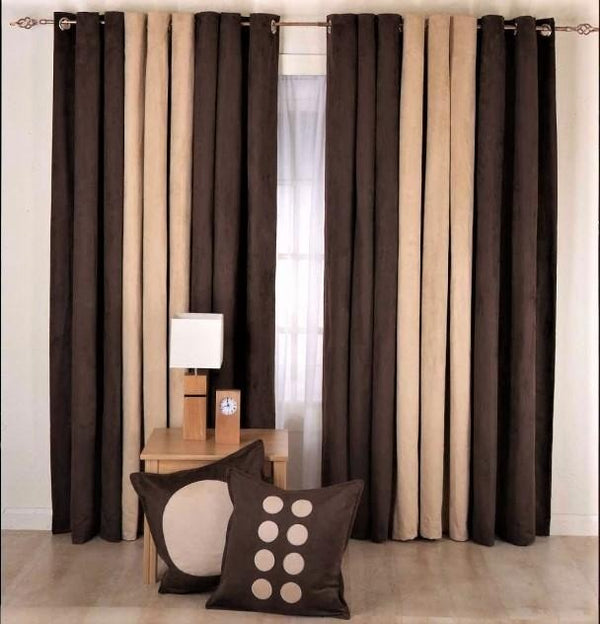 Pair Of Premium Velvet Eyelet Curtain- Brown & Beige